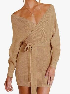 Off-Shoulder Wrap Knit Dress in Camel